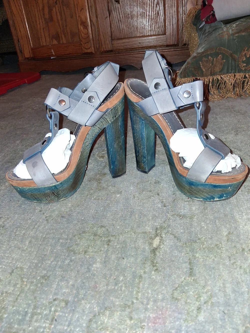 Gucci Gray Strappy Platform Sandals with Teal-Wash Wood Heel